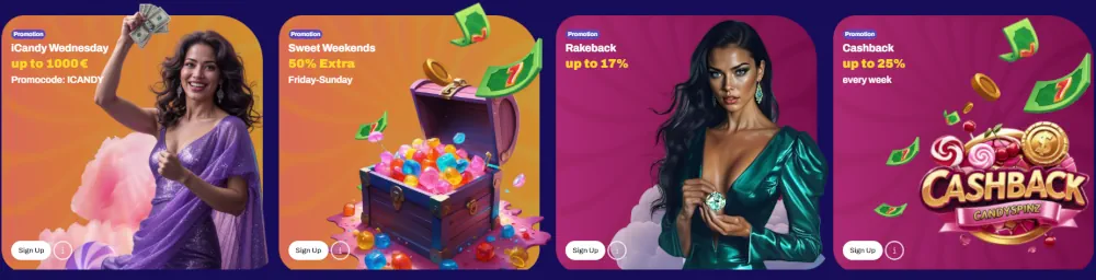 Candy Spinz casino promotional dashboard with various deposit and reload bonuses.